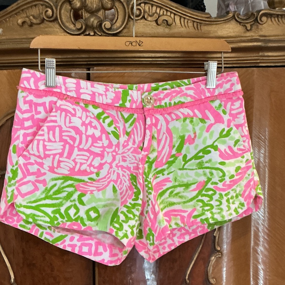 Lilly Pulitzer Pink, Green & White Printed Cotton Shorts w/ Fringe at Waist